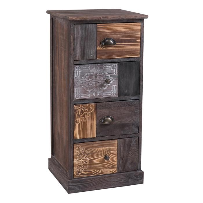 Chiffonnier MARA avec 4 tiroirs commode en bois de paulownia style vintage ethnique bohême avec gravures