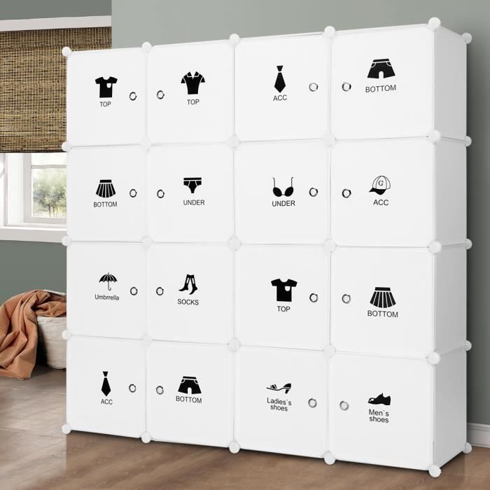 langria armoires etagères plastiques - penderie plastiques, meuble rangement 16 cubes modulables-blanc