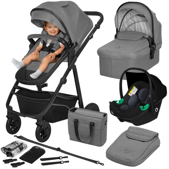 Poussette 3 en 1 LIONELO Bianka -Jusquà 22 kg - Pack poussette Nacelle Siège auto sac et accessoires - Gris