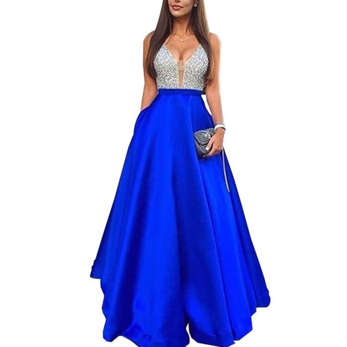 robe,robe de soirée de mariage longue à paillettes pour femme, sans manches, col en v, robe trapèze bleue - type blue party dress