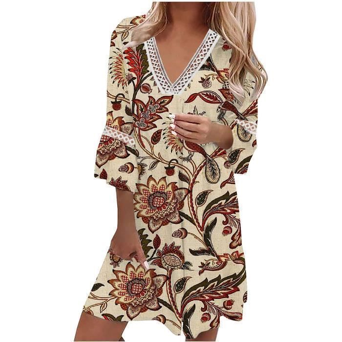 Robe D'été Femme Imprimée Floral - Manches Courtes, Coupe Ample, Longueur Midi, Avec Poches