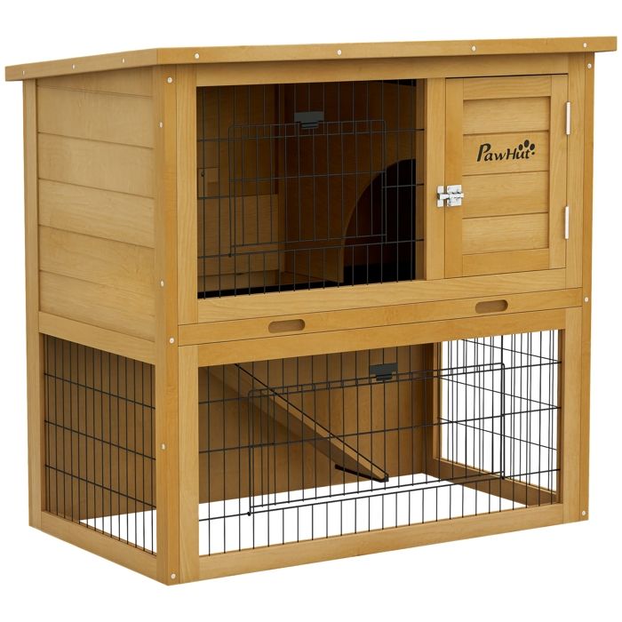 Comparer les prix de Clapier à lapin - PawHut - 2 étages 3 portes verrouillables plateau coulissant rampe toit bitumé - bois - 85x50x80cm - jaune