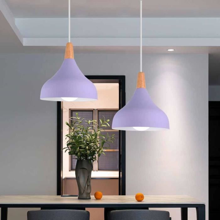 Lot de 2 Luminaire Suspension Moderne TOKIUS Lustre E27 en Métal Bois Lampe Intérieur Violet