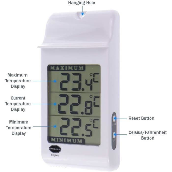 Brannan Thermomètre Et Hygromètre Jumbo Max Min Avec Horloge Pour Intérieur Et Extérieur Pour Une Utilisation Dans La Serre De Jardin Ou La Maison à Fixation Murale Ou Sur Pied