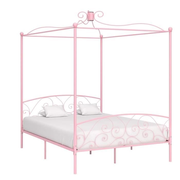 truvito lit double en métal vintage, cadre de lit à baldaquin pour rideaux avec sommier à lattes, 160 x 200 cm(sans matelas),rose