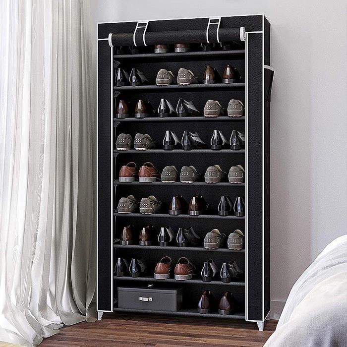 Meuble à Chaussures - XJING - 88x28x160cm Noir - 40 paires - Inox - 9 étagères - Contemporain