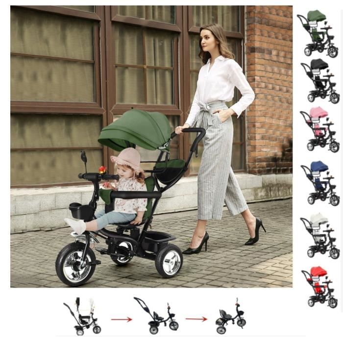 Tricycle - XUANYU - Évolutif Pliable - Auvent Réglable - 3 Roues - 5 en 1 - Vert