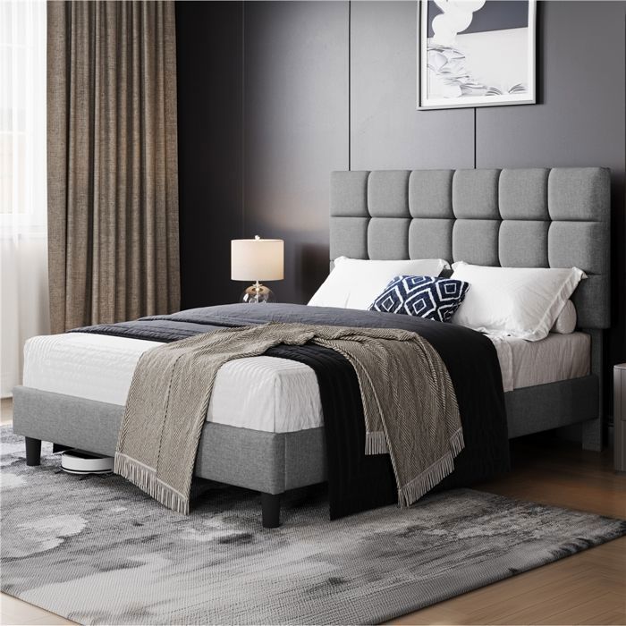 Yaheetech Lit Double 2 Personnes Capitonné Carré 160×200cm Tête de Lit avec Sommier à Lattes en Bois Massif et Métal Gris Clair Yaheetech Lit Double 2 Personnes Capitonné Carré 160×200cm Tête de Lit avec Sommier à Lattes en Bois Massif et Métal Gris Clair