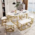 Ensemble table à manger avec 6 chaises, ensemble de salle à manger avec siège en MDF blanc et cadre en fer doré, désign élégant-1