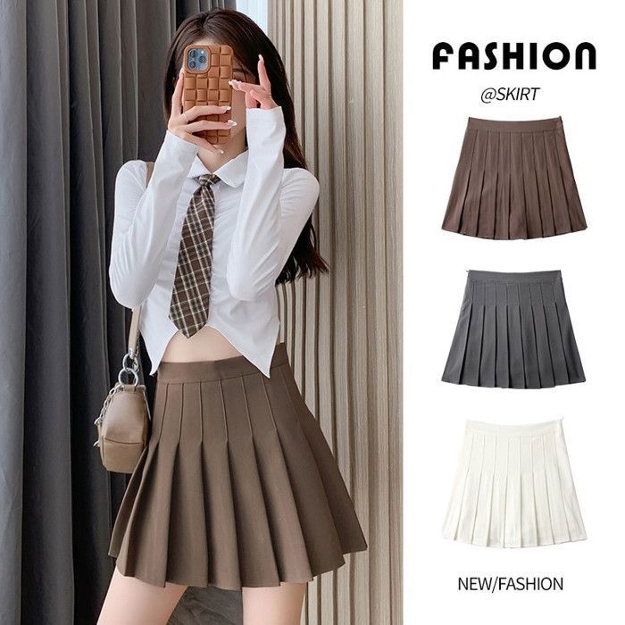Jupe Preppy taille haute plissée pour femmes - Type Light grey Blanc