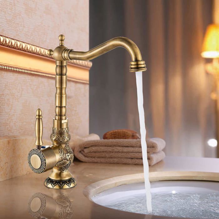 Robinet De Lavabo De Salle De Bain En Laiton Antique, Robinet Mitigeur De Vanite Robinet De Lavabo A Poignee Unique Avec Elevateur Et Tuyaux Pour 96014362