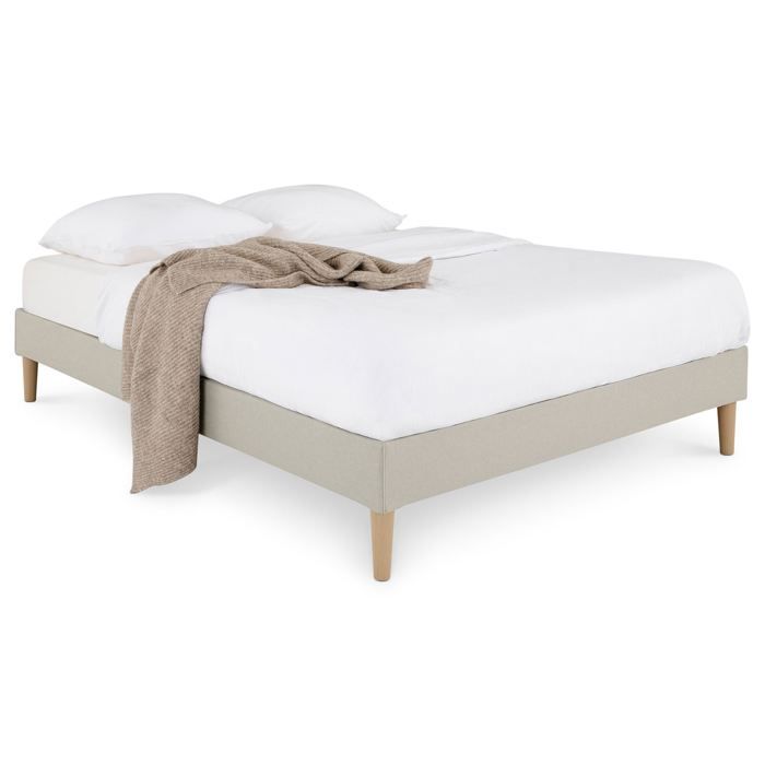 Sommier 80x200 Cm, Tissu Blanc Crème, Pieds En Bois - Sommier déco Sommier 80x200 Cm, Tissu Blanc Crème, Pieds En Bois - Sommier déco