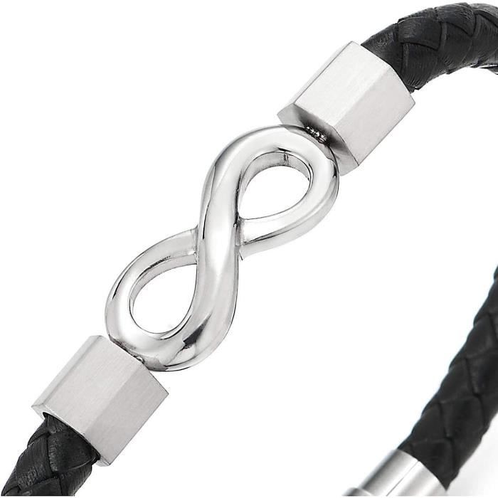 Bracelet Amour Infini Acier Inoxydable - Noir Véritable Cuir Bracelet