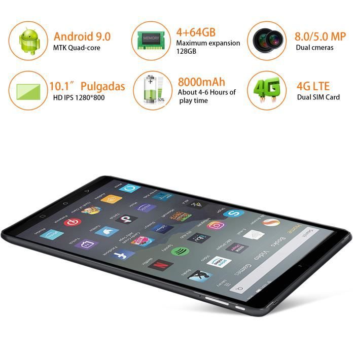 Tablette Tactile 64G 10.1”HD -Android 9.0-128GB-Double SIM+Double1