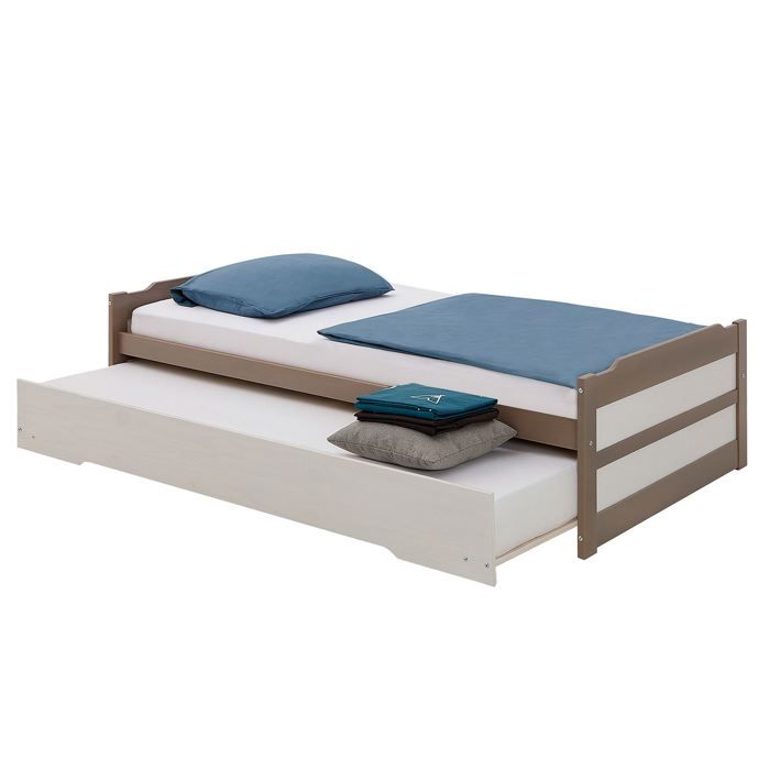 Lit Gigogne Lorena 1 Place Avec Tiroir-lit - 90x190 Cm, Pin Massif Lasuré Taupe, Pour Enfant