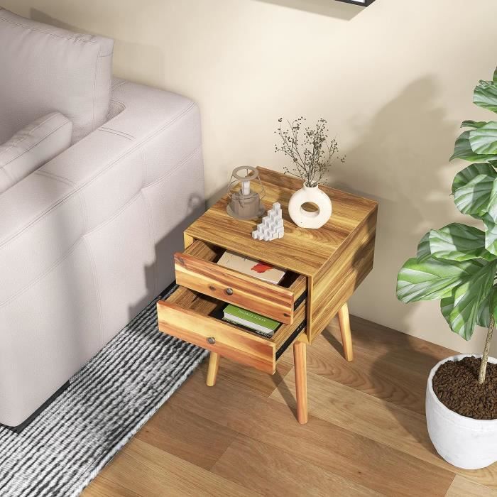Lot De 2 Tables De Chevet Scandinaves Avec Prise USB - Tiroir Tissu Et Pieds Bois Blanc 40x30x55cm