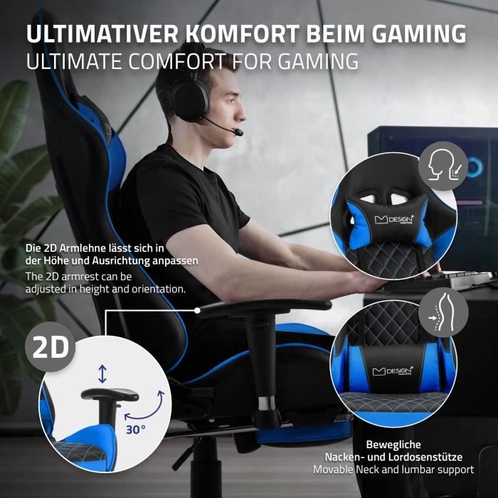 ML-Design Chaise de Gaming avec Repose-pieds, Bleu, Similicuir, Chaise de  Bureau Ergonomique avec Accoudoirs