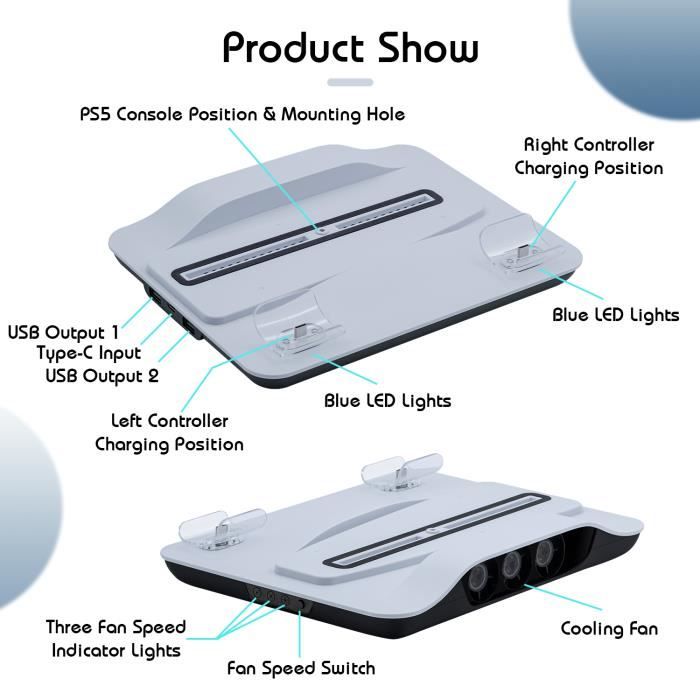 Ps5 Support de ventilateur de refroidissement avec lumière RGB pour Ps5  Digital Disc Edition Ps5 Base de refroidissement avec bande lumineuse LED
