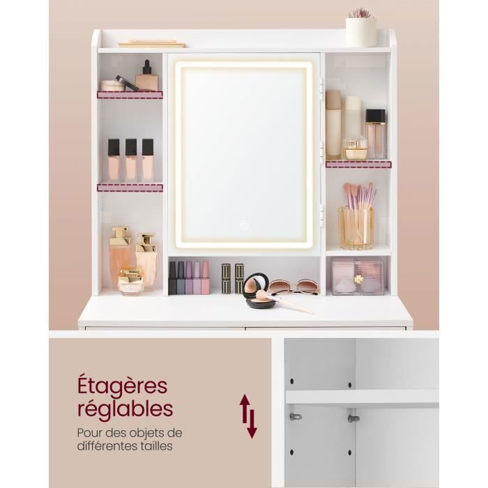 VASAGLE Coiffeuse, Grand Miroir LED à Luminosité Réglable, Compartiments Ouverts, L-80cm, Étagères Réglables, Blanc à partir de 129,99 € (juin 2026 VASAGLE Coiffeuse, Grand Miroir LED à Luminosité Réglable, Compartiments Ouverts, L-80cm, Étagères Réglables, Blanc à partir de 129,99 € (juin 2026