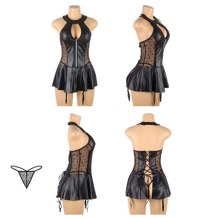 Ensemble Lingerie Sexy Femme - Soutien-gorge Dentelle Et String - Style Latex Simili Cuir - 2 Pièces