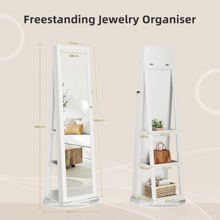 GOFLAME Armoire à Bijoux Sur Pied, Miroir Pleine Longueur Verrouillable Avec Etageres De Rangement Et 2 Tiroirs Angles Dinclinaison Reglables Boite A Bijoux Debout Avec Miroir Eclaire Noir