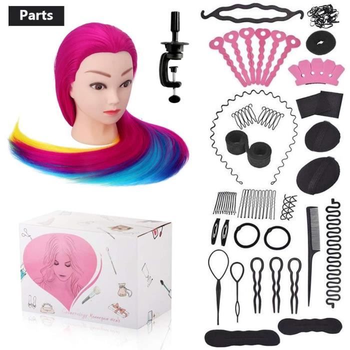 Tête a coiffer professionnelle Cheveux Fibre Synthétique Tête Mannequin Maquillage avec Table Support et Ensemble de Tresse C123 - Jeux - Jouets