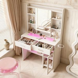 Hzuaneri Coiffeuse Avec Tabouret Et Miroir LED - Table De Maquillage Blanc DT32503D Avec Rangement