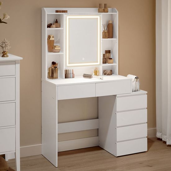 VASAGLE Coiffeuse, Grand Miroir LED à Luminosité Réglable, Compartiments Ouverts, L-80cm, Étagères Réglables, Blanc - Maison