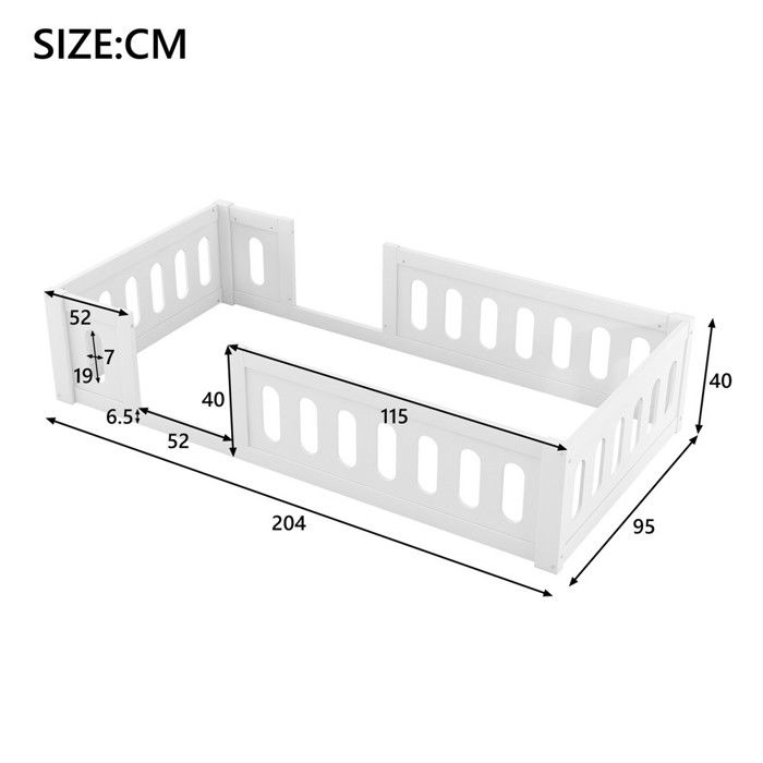 Lit Enfant Gustavo Lit Au Sol 90x190 Cm D'inspiration Montessori, Avec Barrières De Protection En Pin Massif Lasure Blanc