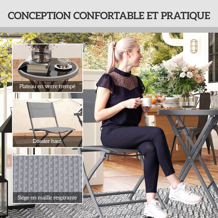 Ensemble Meubles Jardin SPRINGOS 2 Chaises + Table Ronde - Salon Extérieur Compact Et Élégant
