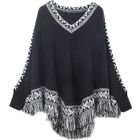SaiDeng Casual Rétro Manches Chauve Souris Poncho Femmes Imprimé Loose Manches Longues V Col Tassels Creux Châle Veste Tricot Pul...