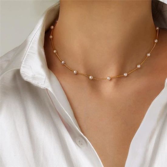 Collier Ras de Cou Fabriqué en Perles de Nacre Or • Bijou de Mode • Ras de Cou Élégant • Cadeau pour Elle • Cadeau de Noel