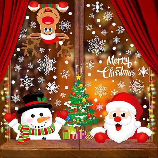 Noël fenetre stickers deco pere noel autocollants decoration interieur  maison murale flocon de neige renne double face amovib[120] - Cdiscount  Maison