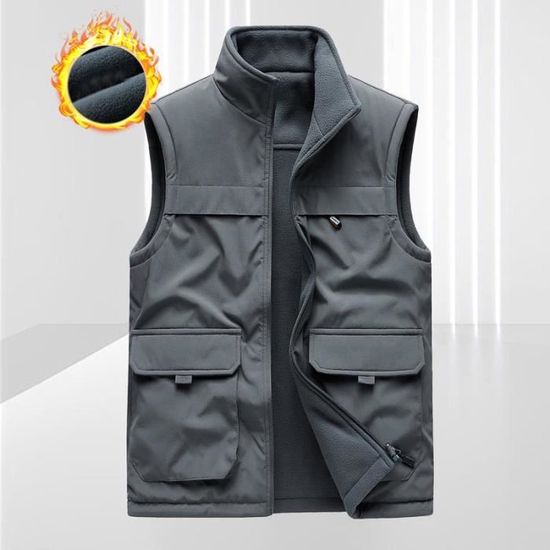 Gilet Réversible Homme Hiver Doublé Polaire Multi Poches Col Montant