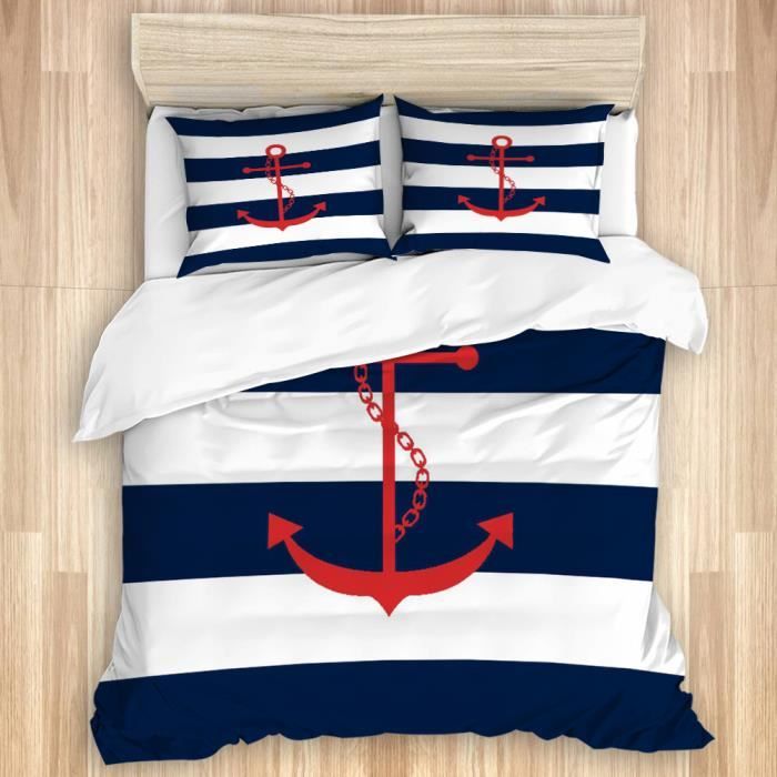 Parure de couette Ancre nautique,1 Housse de Couette 140x200cm,2 Taies