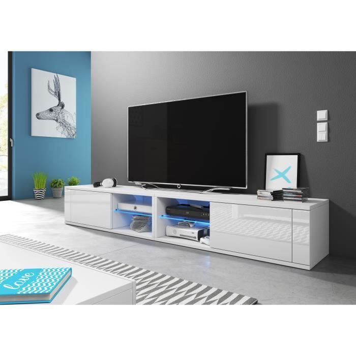 Meuble TV moderne Azalia Double LED blanc / blanc brillant 200cm