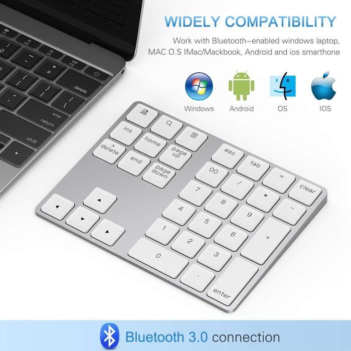 Pavé Numérique sans Fil Bluetooth Rechargeable 34 Touches Extension pour Entrée de Données sur iMac, MacBook Pro, PC etc - Argent