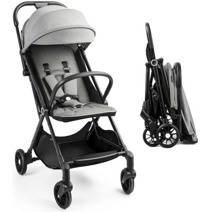 Besrey Poussette Canne Pliable de Voyage avec Position Couchée, Inclinable, Légère, Compacte Gris