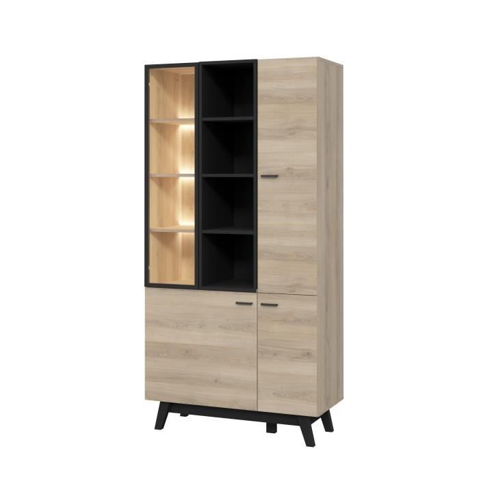 Vitrine 3 portes + LED - Décor chêne Comano - L 90,3 x P 41,6 x H 81,6 cm - CAREA