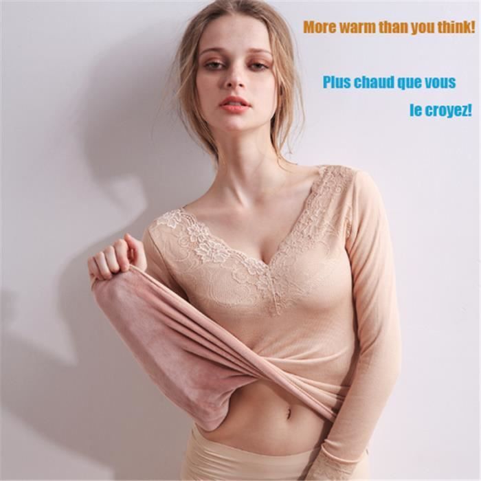Sous-vêtement Thermique Femme Chaud Matelassé Col Bas Slim Elastique Sherpa