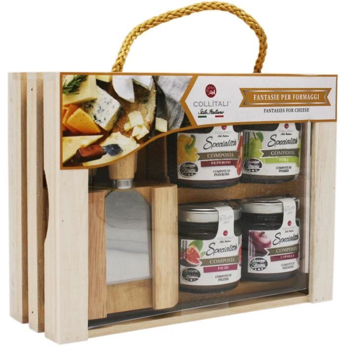 COLLITALI CAGETTE FROMAGE, compote oignon 100 g, poivron 100 g, poire 100 g, figue 100 g, support bois + 3 couteaux