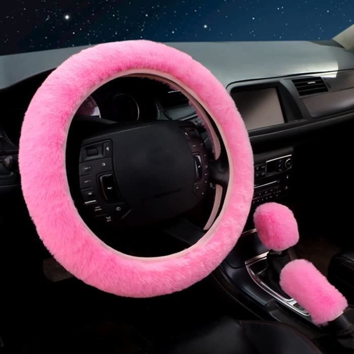 Couvre Volant Peluche Hiver Chaud Housse de Volant Antidérapant de Voiture Elastique Confort Protecteur de Volant (Rose)