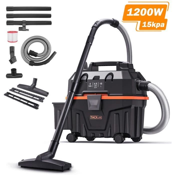 Aspirateur Eau et Poussières, 1200W Aspirateur sans Sacs, 15L, HEPA, 1.5m Tuyau, 5m Cordon d'alimentation, Tube Prolongateur 3 M