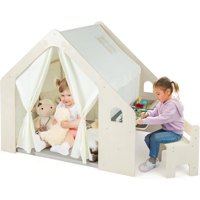 GOPLUS 6 en 1 Tente d’Activité en Bois pour Enfants 2-6 Ans avec Tableau Noir Table Chaise Bac Tapis 131x98x113cm