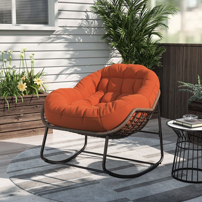 fauteuil de jardin en rattan d'extérieur, rocking chair avec cadre en acier, tissu en polyester, forme d'oeuf, orange