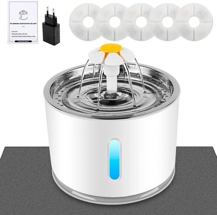 Meilleurs prix pour Fontaine à Eau pour Chat avec Filtre à Charbon Actif Fenêtre de Niveau d'eau LED Lumineuse Grande capacité de 2,4l 3 Types de débit