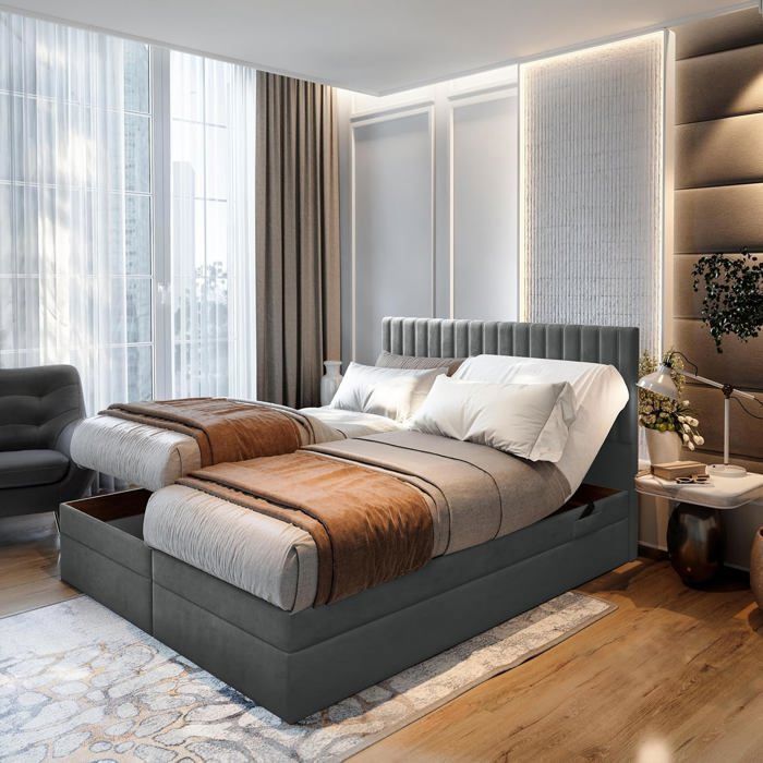 Lit adulte ADÈLE - ensemble matelas+sommier relaxation électrique - 140x200 cm - velours gris foncé Lit adulte ADÈLE - ensemble matelas+sommier relaxation électrique - 140x200 cm - velours gris foncé