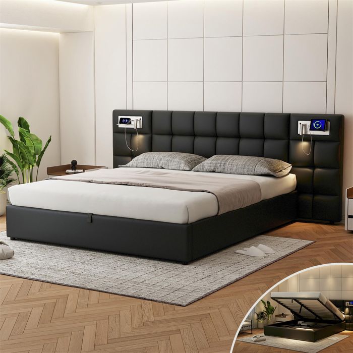 Lit Coffre 180x200 avec Sommier et USB Lit King Size pour Double Lampe de Lecture Tête de Lit Longue Grand Dossier PU Noir