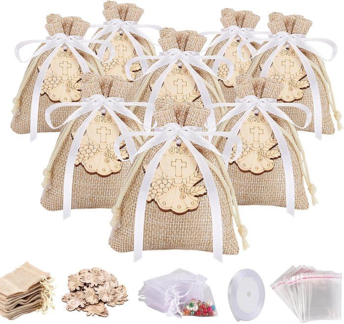 20 Pochettes Jute + 20 Étiquettes + Ruban - Dragées Baptême Colombe Décoration Cadeaux Invités