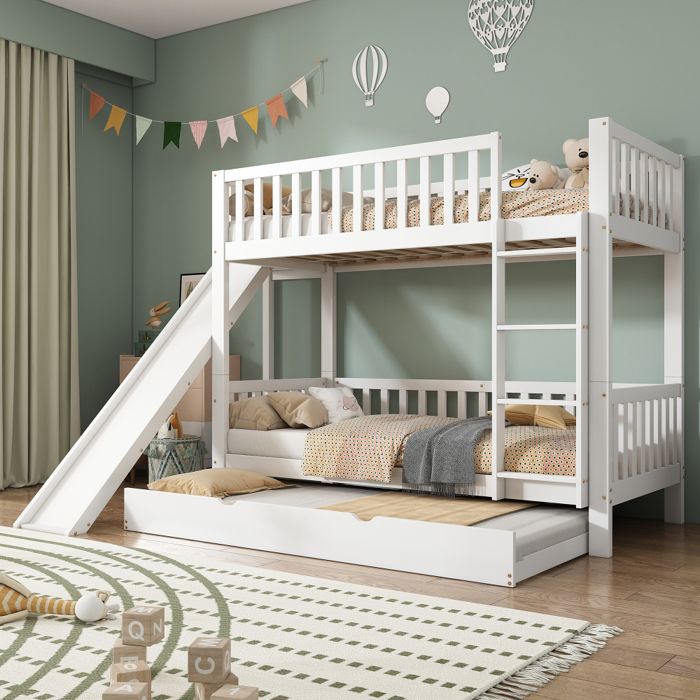 Lit superposé enfant 2 places 90x200 cm -lit bébé avec grille antichute toboggan et étagères avec échelle droite pin + MDF blanc